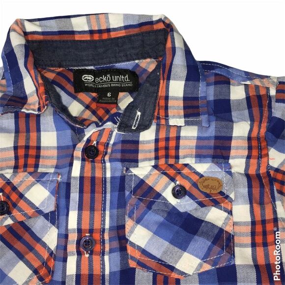 4/$20 Ecko Unlimited Plaid Button Up SS Shirt Sz 6  Red White Blue - Picture 5 of 6